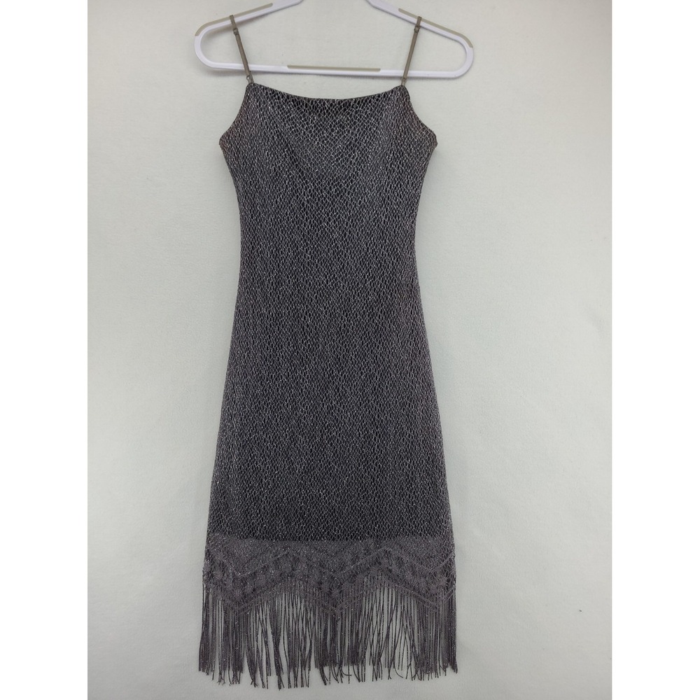 Vtg Jodi Kristopher Crochet Mesh Dress Grey Bottom Fringe Flapper Y2K 90s Size M
